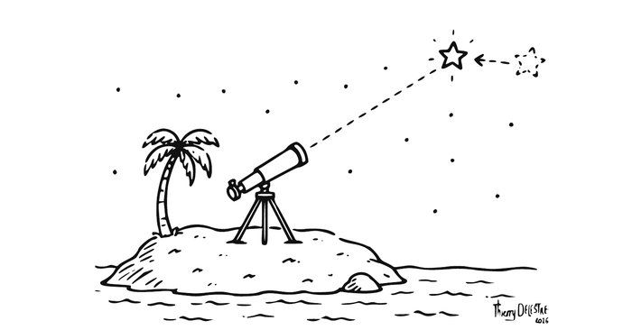 Dessin : une île avec un télescope pointé vers une étoile