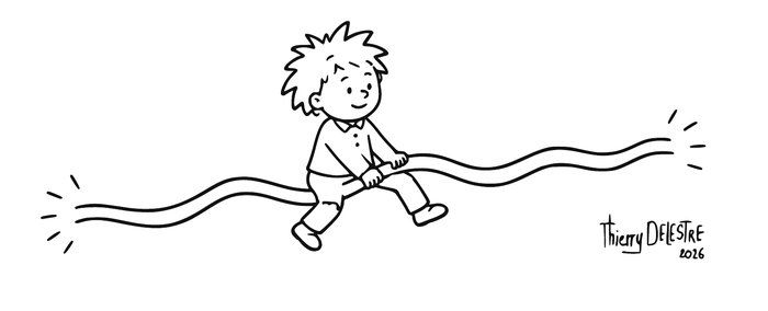 Dessin : un jeune Einstein chevauchant un rayon de lumière