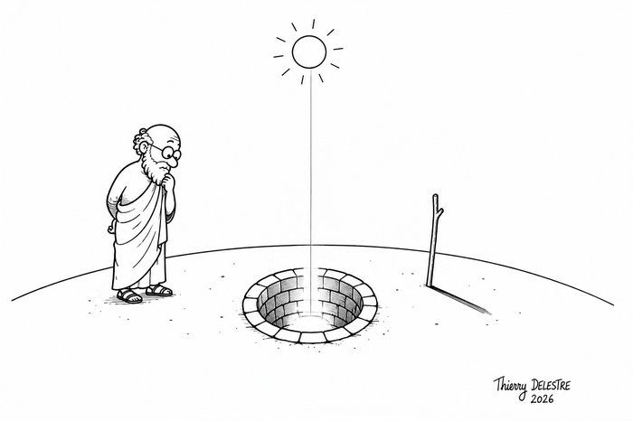 Dessin : Ératosthène observant un puits et un bâton sans ombre
