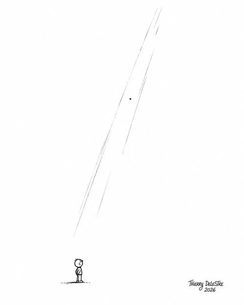 Dessin minimaliste : une petite silhouette regarde un point suspendu dans un rayon de lumière